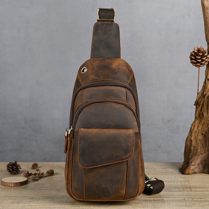Leather Backpack Vintage - デザイナー高級多機能男性チェストバッグ大容量アウトドア男性スリングショルダークロスバッグ旅行バックパック Mochila 学生