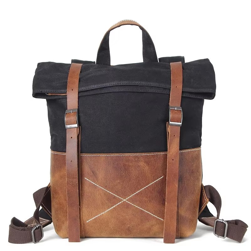 Leather Backpack Vintage - ファッションメンズバックパックワックスキャンバス牛革レザーバックパック大容量防水旅行リュックサックスクールバッグバッグパック